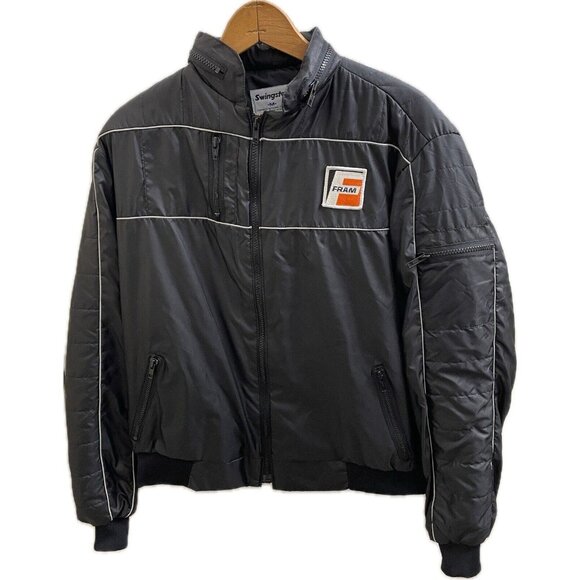 Vintage Swingster Fram Black Jacket Full Zip Medium Hooded Racing USA